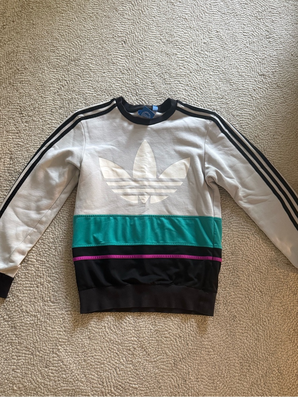 Adidas Vintage Crewneck Sweatshirt. Light grey with teal, purple and black.